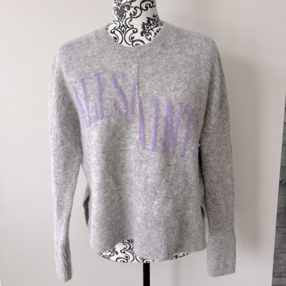 All Saints Alpaca/Wool Blend Mohair Split Logo Sweater Grey Lavender S - Picture 1 of 6